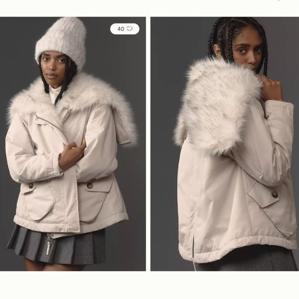 PILCRO Utility Parka Faux Fur Hooded Jacket Coat Cream XS Anthropologie Winter